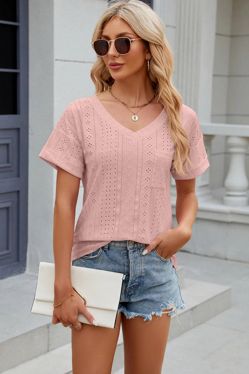 Eyelet V-Neck Short Sleeve T-Shirt – Trendsi | ClozArt