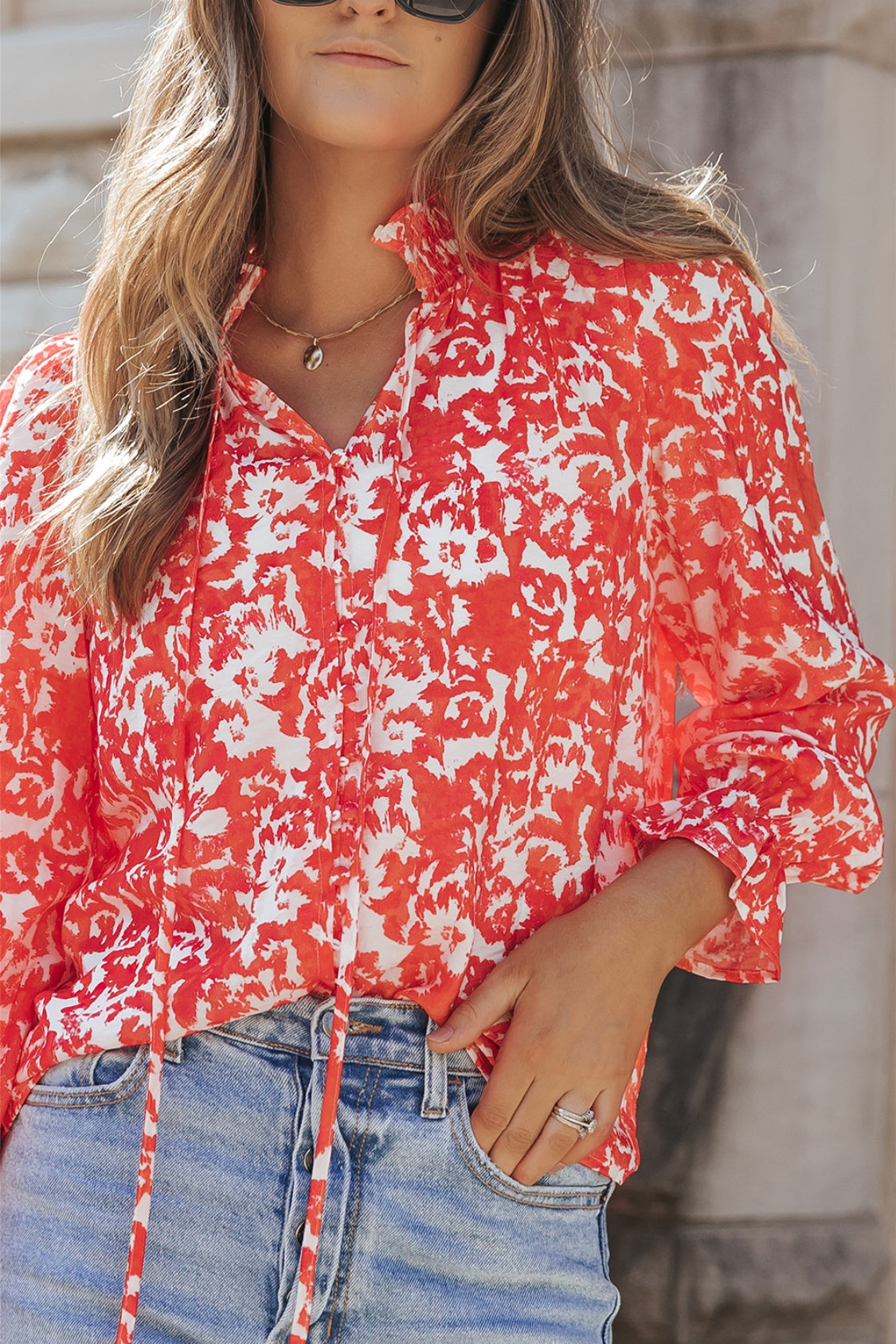 Printed Tie Neck Flounce Sleeve Blouse – Trendsi | ClozArt