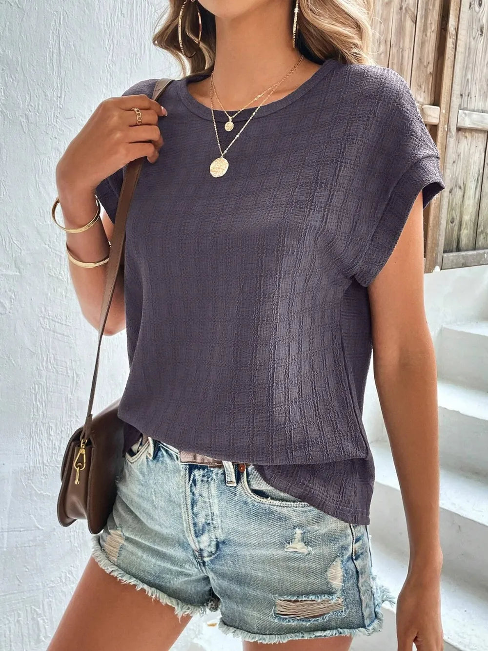 Textured Round Neck Short Sleeve Top – Trendsi | ClozArt