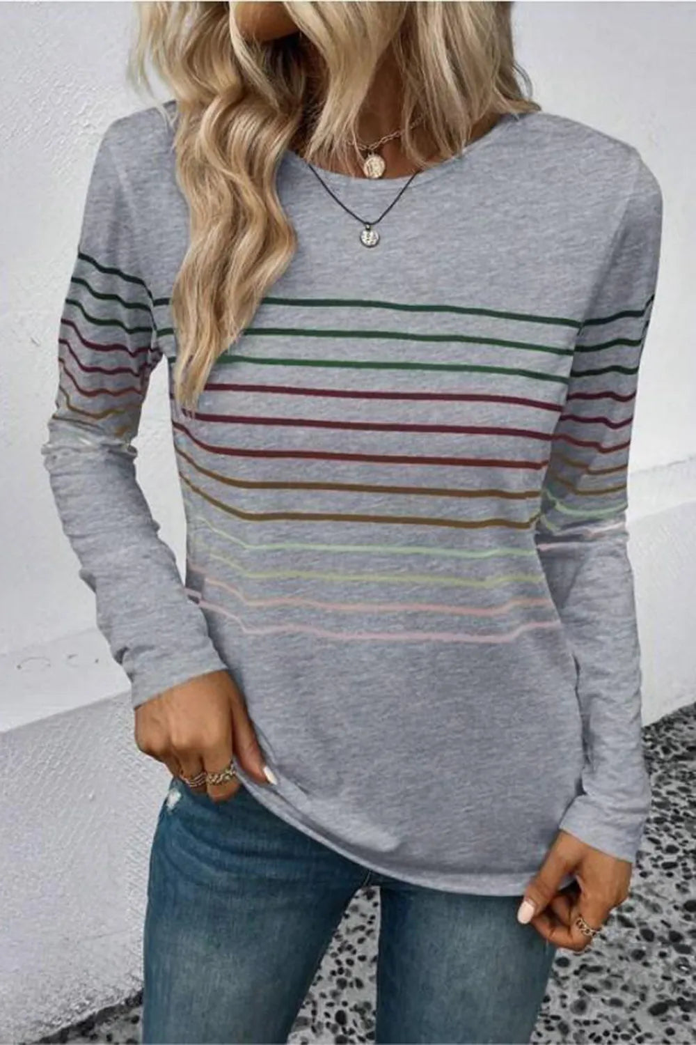 Striped Round Neck Long Sleeve T-Shirt – Trendsi | ClozArt