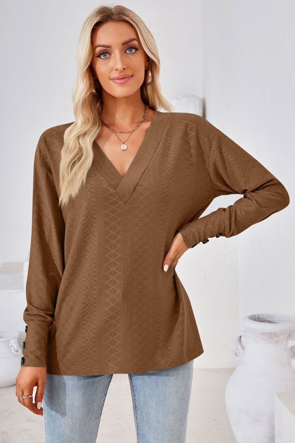 V-Neck Long Sleeve Blouse – Trendsi | ClozArt