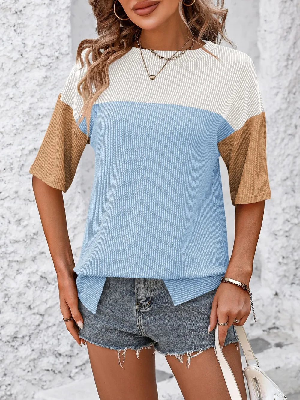 Mandy Color Block Round Neck Half Sleeve T-Shirt – Trendsi | ClozArt