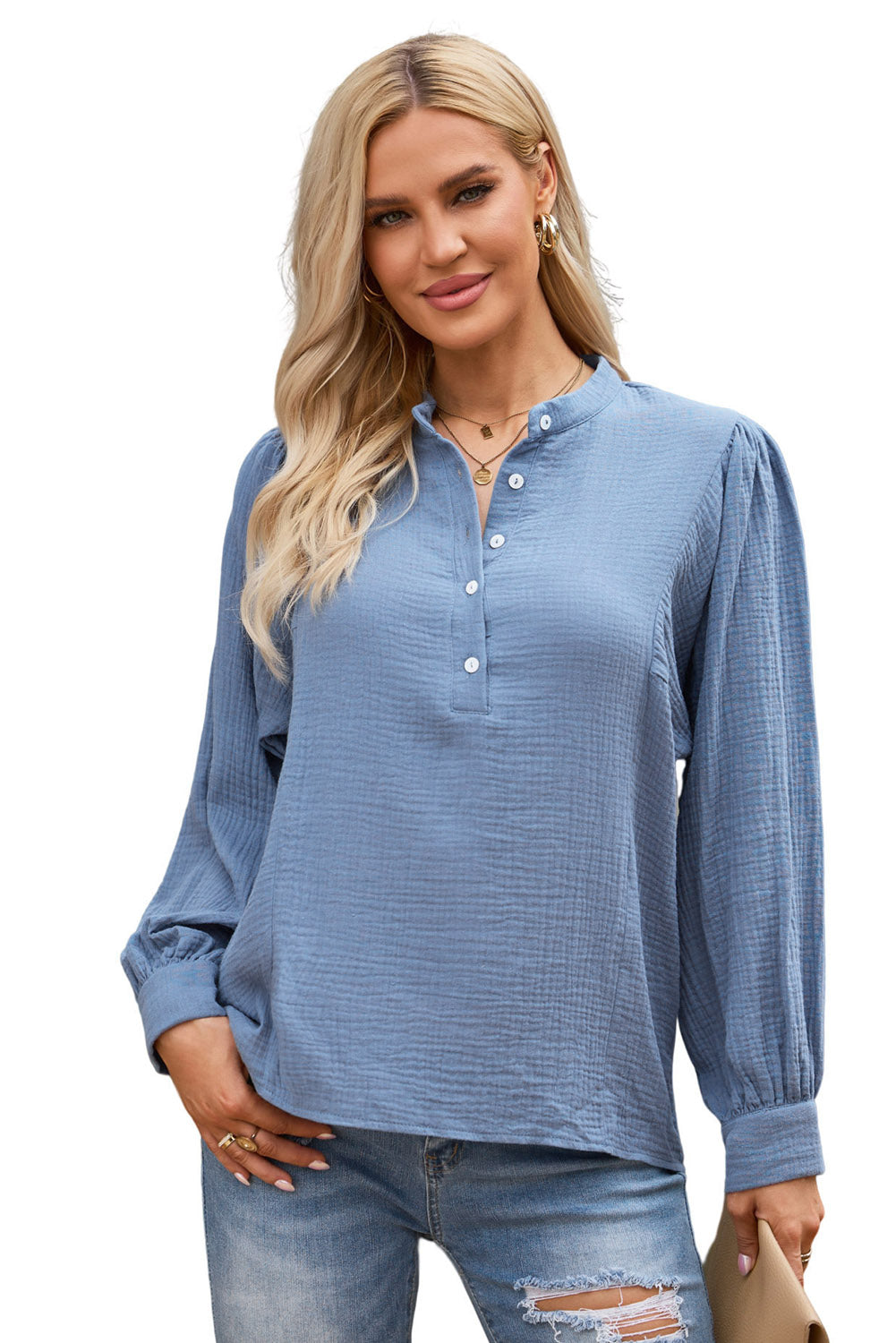 Half Button Puff Sleeve Blouse – Trendsi | ClozArt