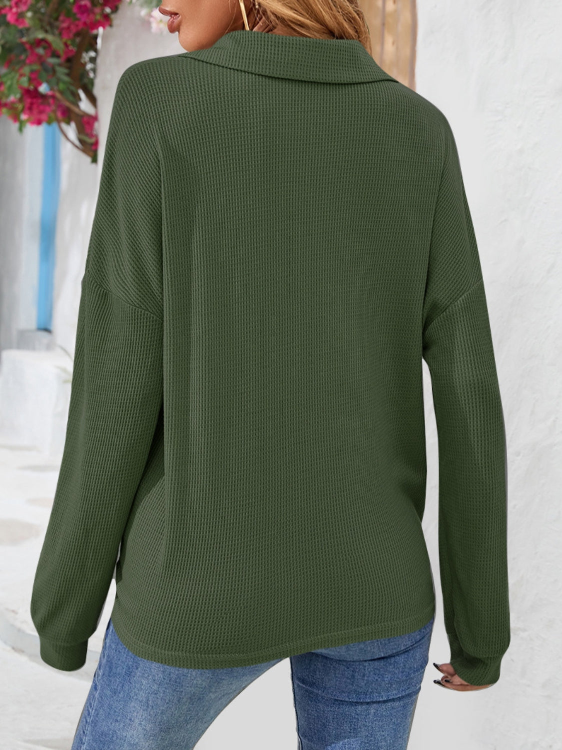 Half Button Collared Neck Long Sleeve Top – Trendsi | ClozArt