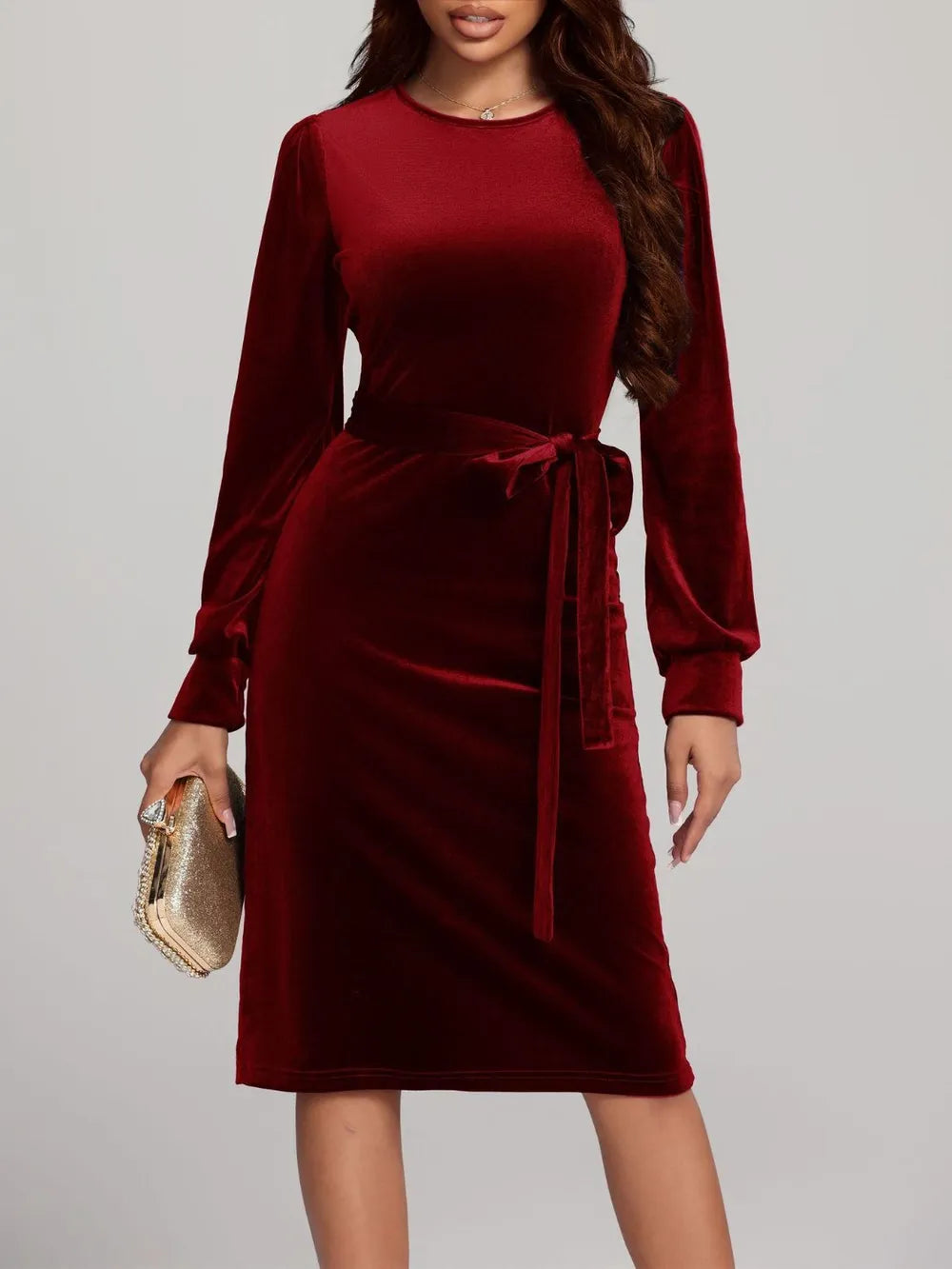 Round Neck Tie Waist Long Sleeve Velvet Dress – Trendsi | ClozArt