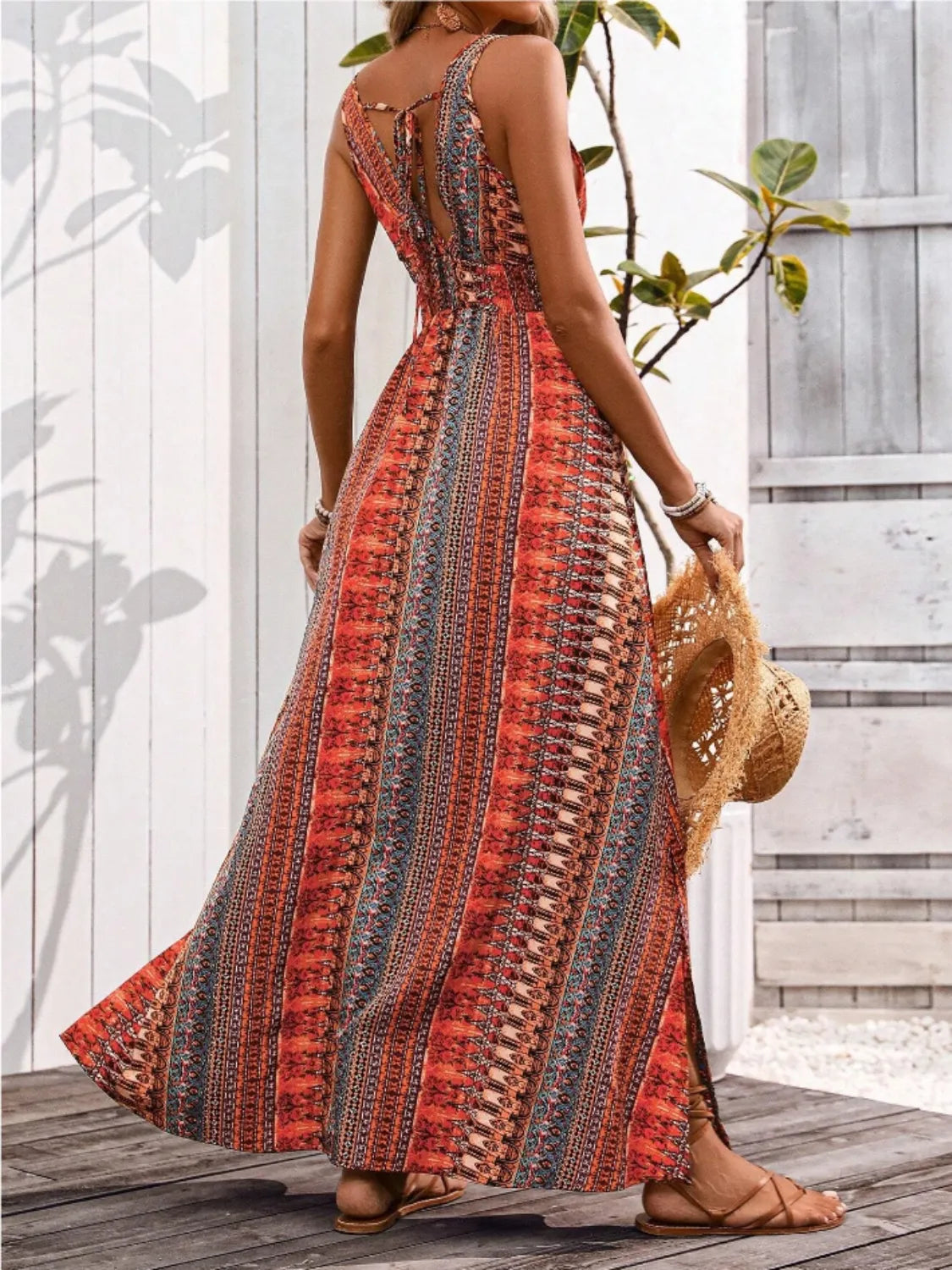 Tied Back Printed Sleeveless Maxi Slit Dress – Trendsi | ClozArt