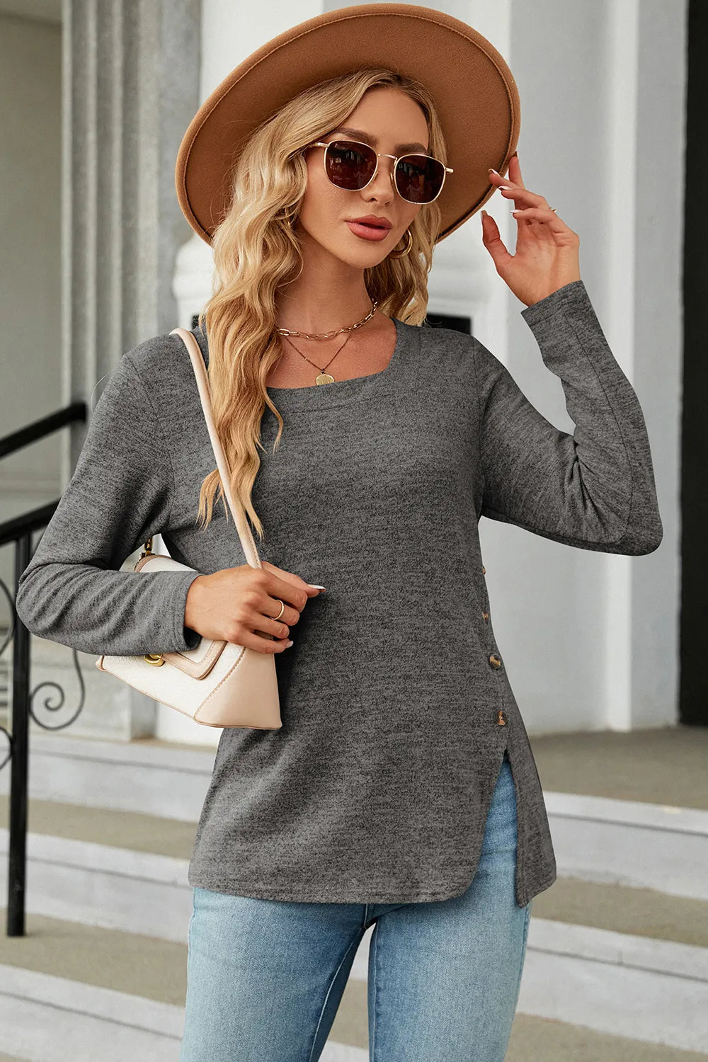 Slit Decorative Button Square Neck T-Shirt – Trendsi | ClozArt