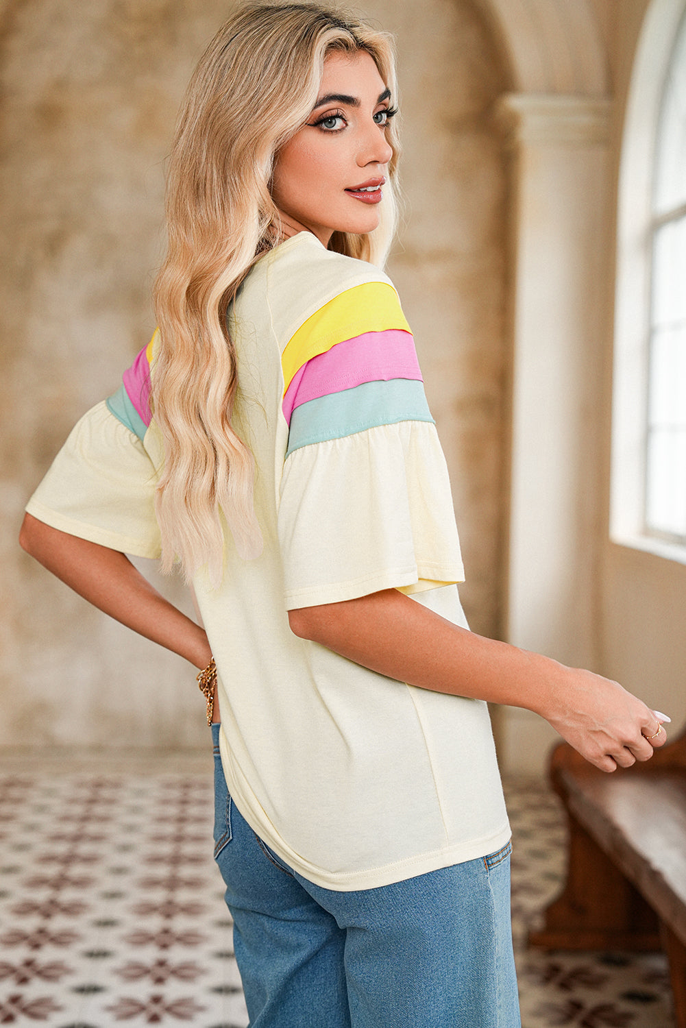 White Colorblock Short Sleeve Round Neck T-Shirt – Shewin | ClozArt