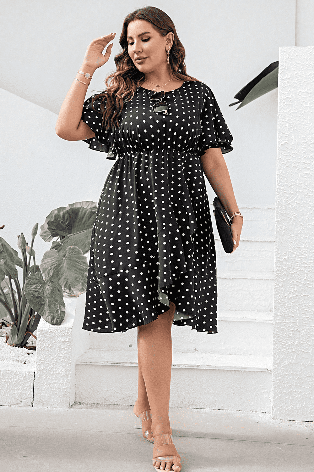 Plus Size Polka Dot Flutter Sleeve Dress – Trendsi | ClozArt