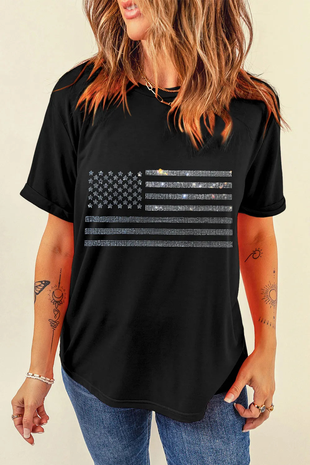 Rhinestone US Flag Round Neck Short Sleeve T-Shirt – Trendsi | ClozArt