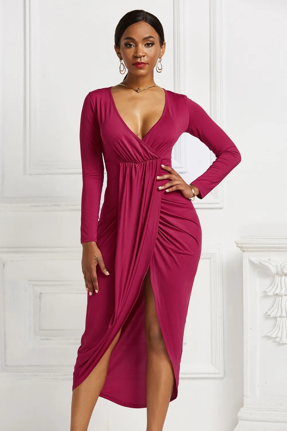 High-low Ruched Surplice Long Sleeve Dress – Trendsi | ClozArt