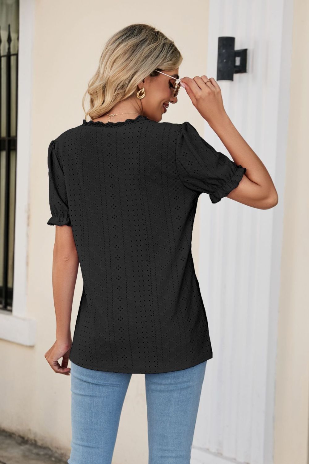 Eyelet Flounce Sleeve Scalloped V-Neck Top – Trendsi | ClozArt