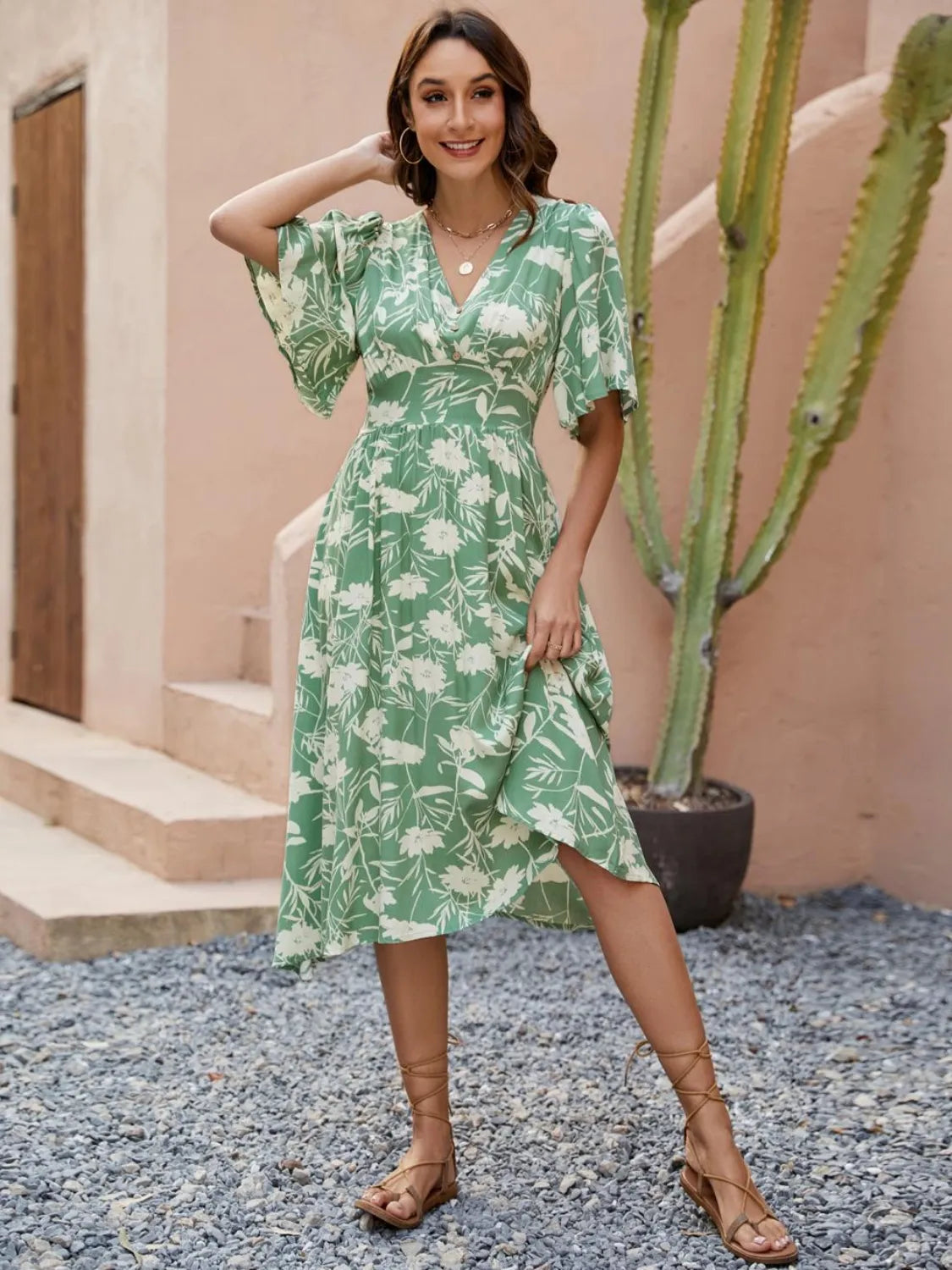 Printed V-Neck Flutter Sleeve Dress – Trendsi | ClozArt