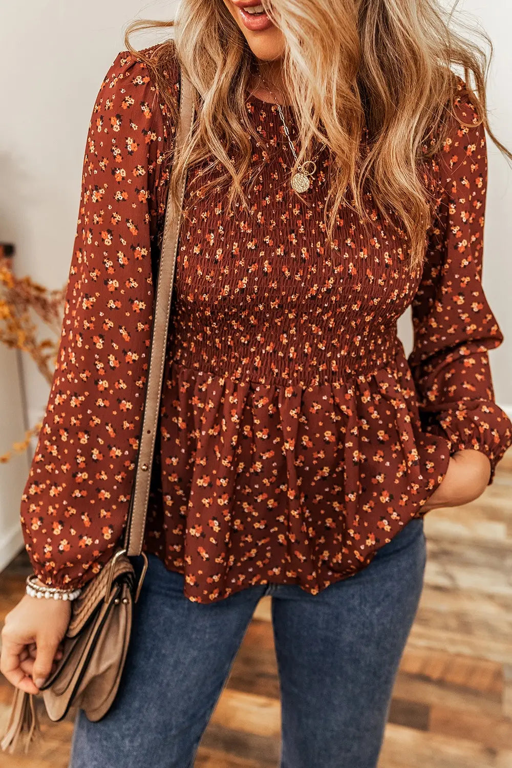 Floral Smocked Ruffle Hem Long Sleeve Blouse – Trendsi | ClozArt