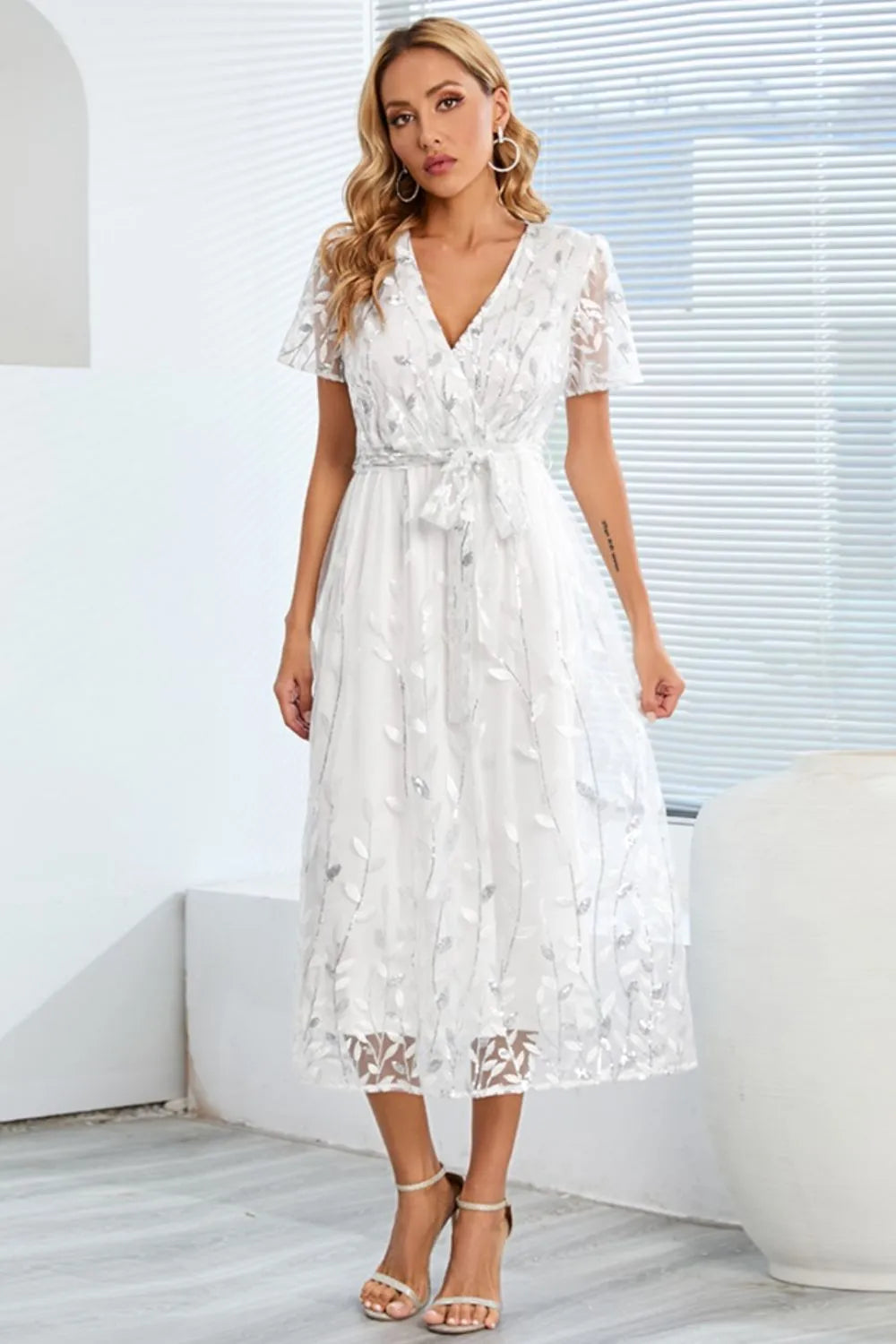 Sequin Leaf Embroidery Tie Front Short Sleeve Dress – Trendsi | ClozArt