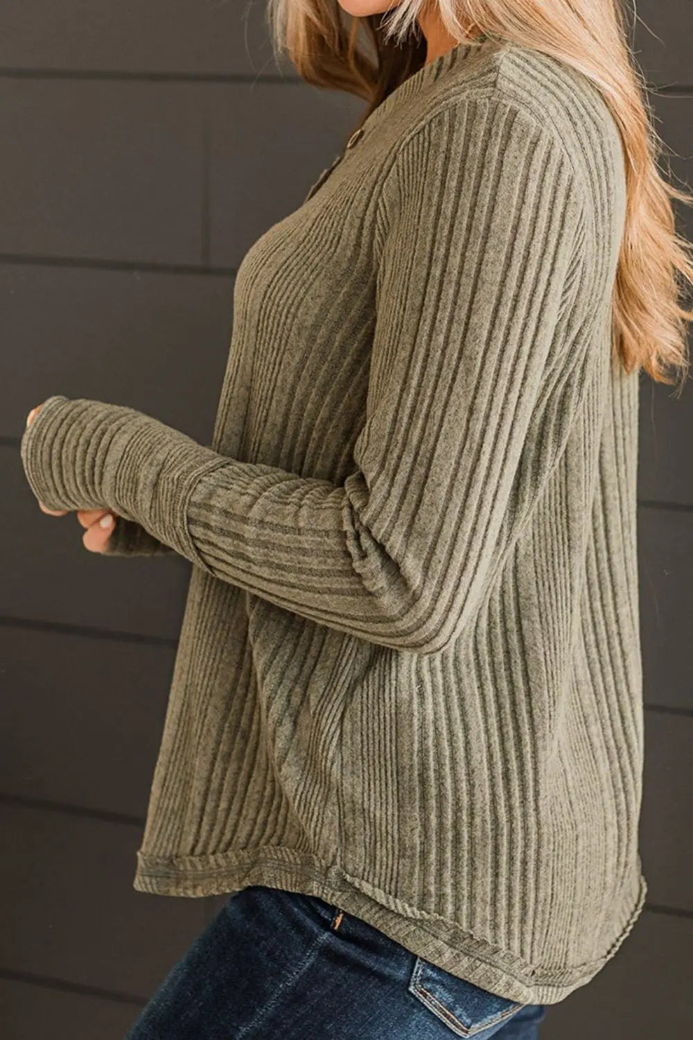 Ribbed Buttoned Long Sleeve Blouse – Trendsi | ClozArt