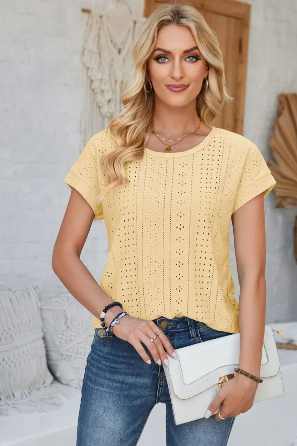 Eyelet Round Neck Rolled Short Sleeve T-Shirt – Trendsi | ClozArt