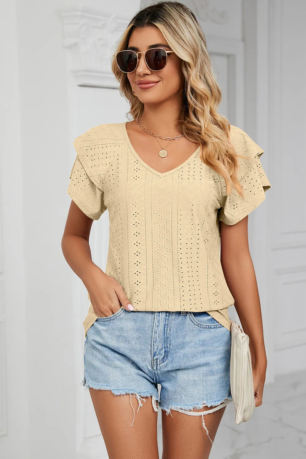 Eyelet V-Neck Short Sleeve T-Shirt – Trendsi | ClozArt