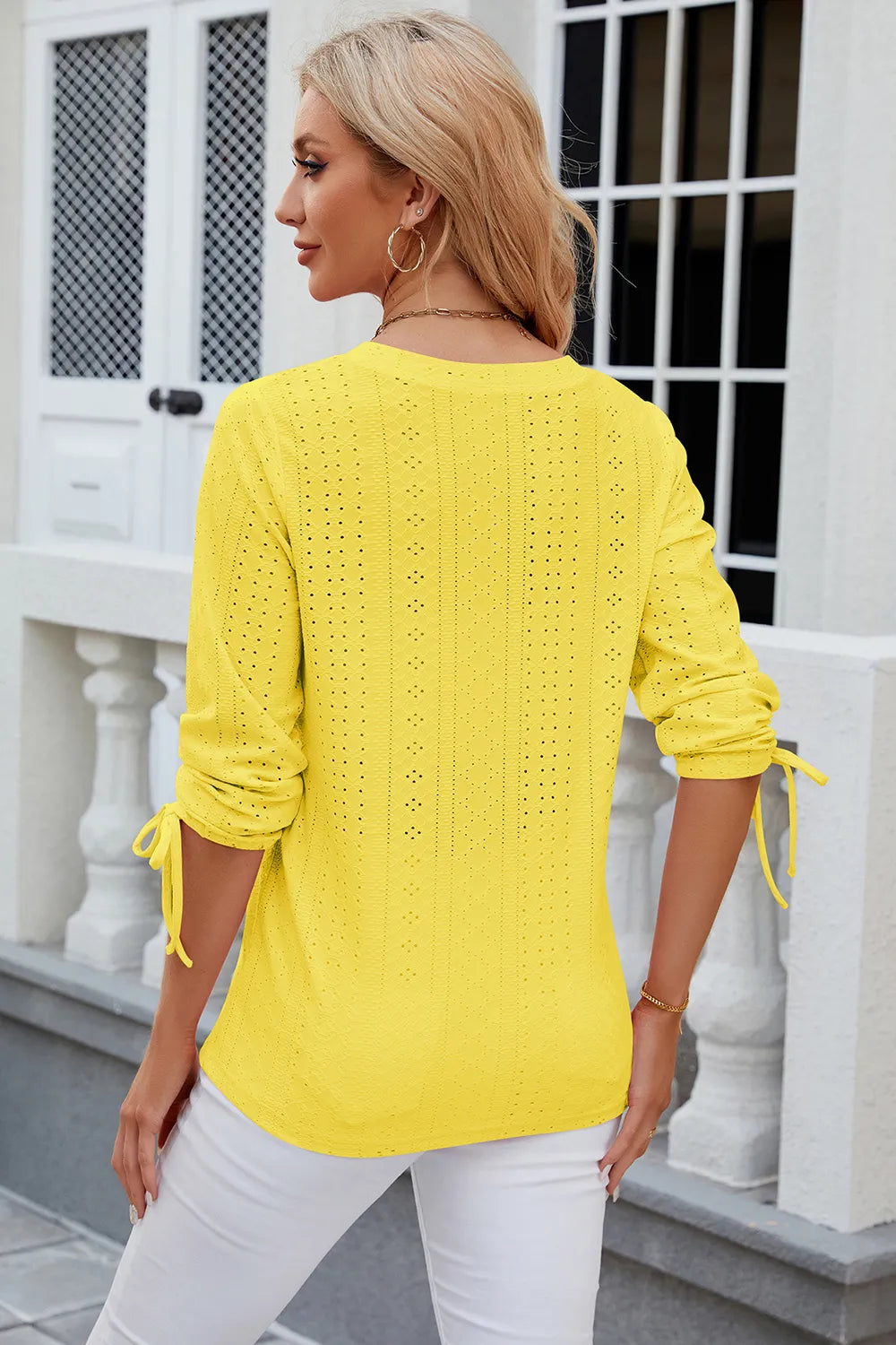 Eyelet Drawstring V-Neck Half Sleeve T-Shirt – Trendsi | ClozArt