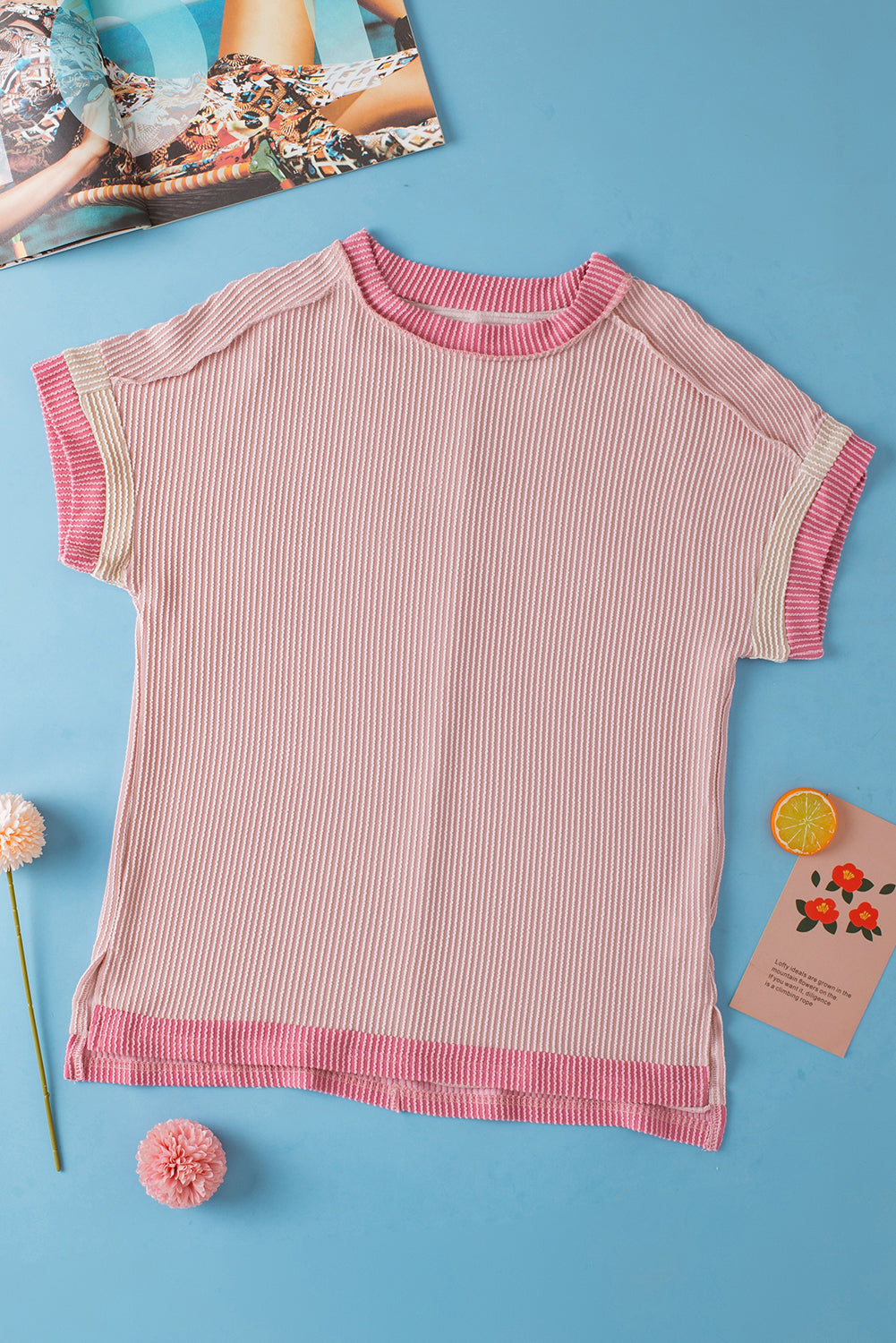 Bright Pink Textured Contrast Color Round Neck T Shirt – Shewin | ClozArt