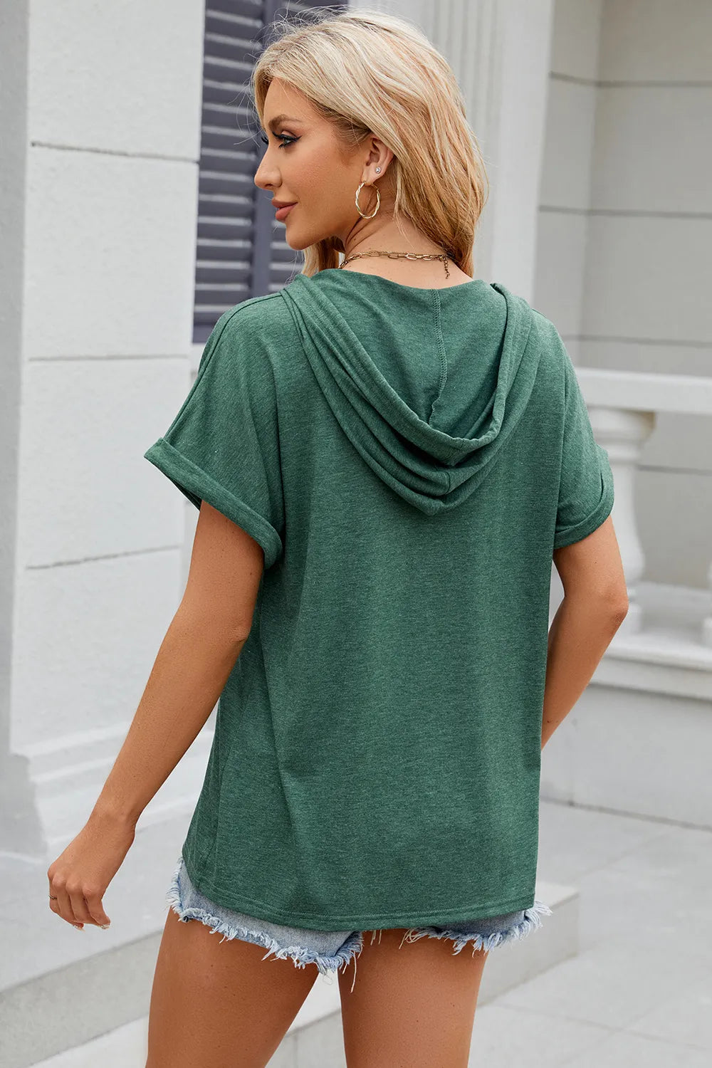 Half Button Drawstring Short Sleeve Hooded T-Shirt – Trendsi | ClozArt