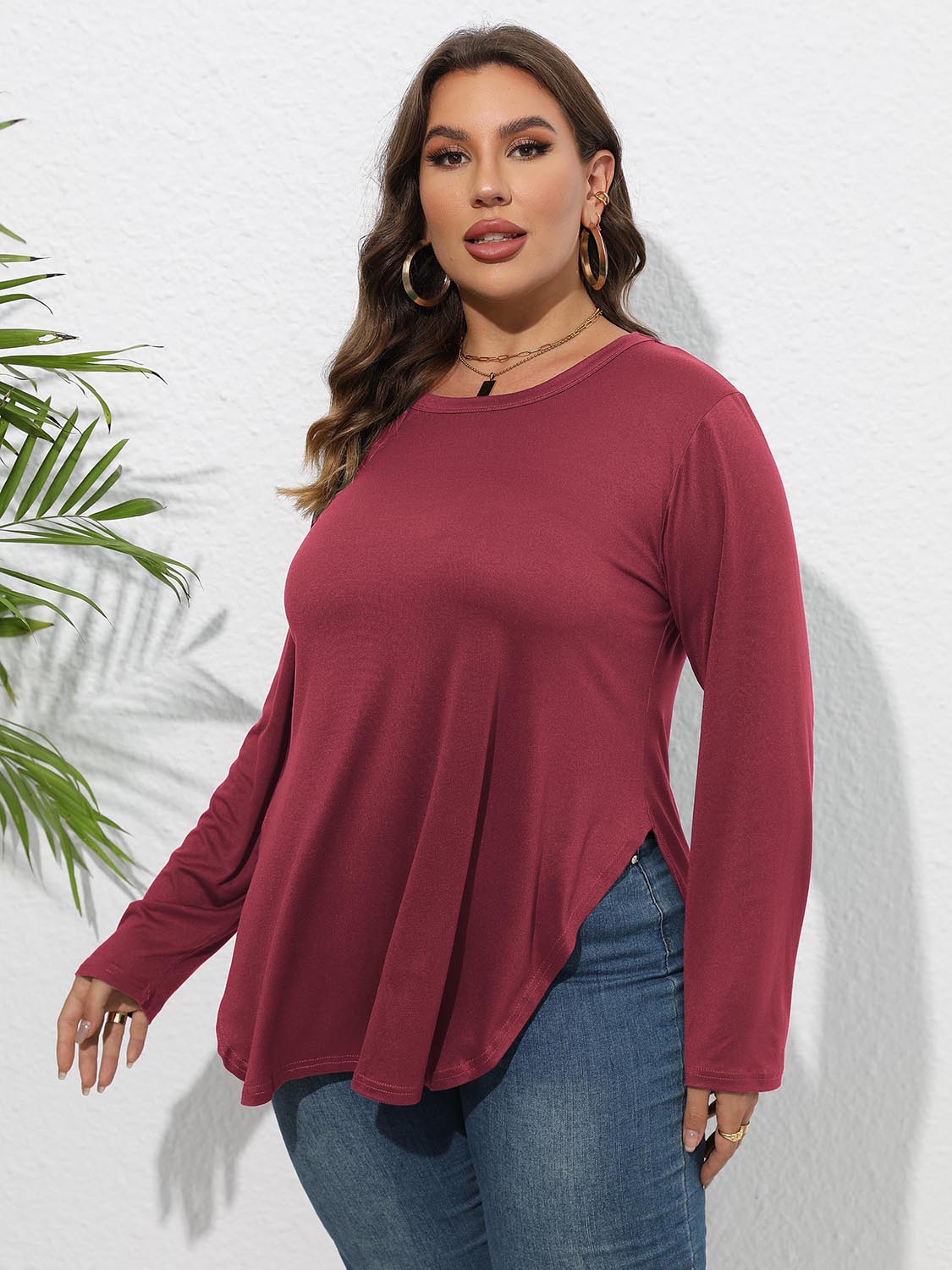 Plus Size Round Neck Long Sleeve Slit T-Shirt – Trendsi | ClozArt