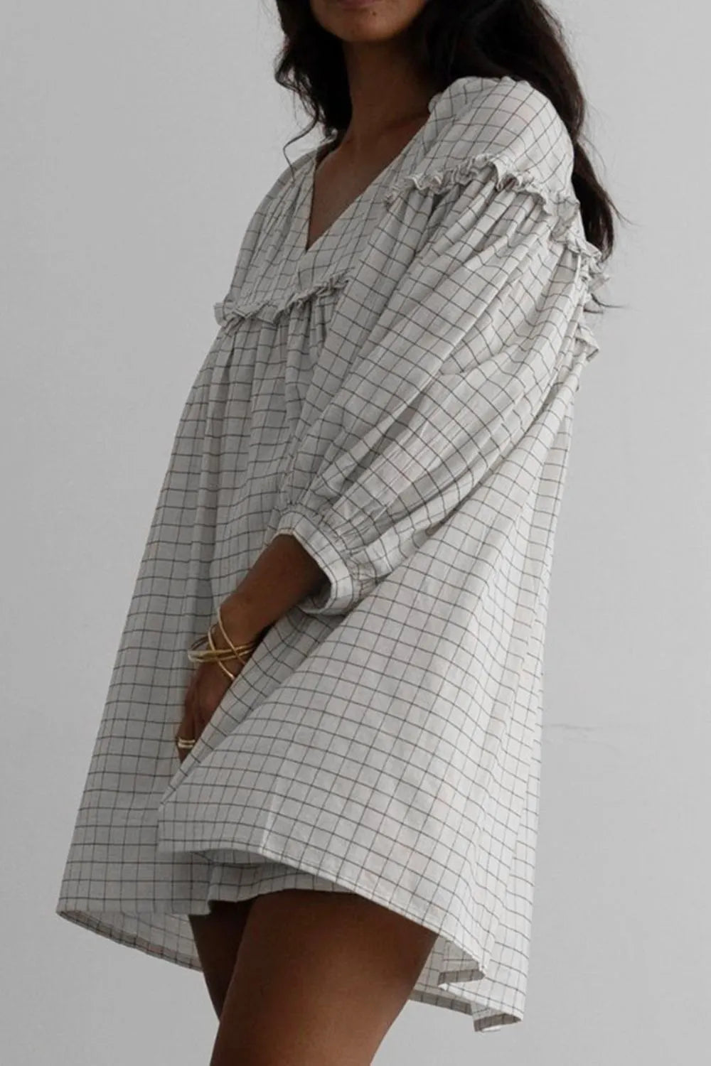 Frill Plaid Notched Balloon Sleeve Mini Dress – Trendsi | ClozArt