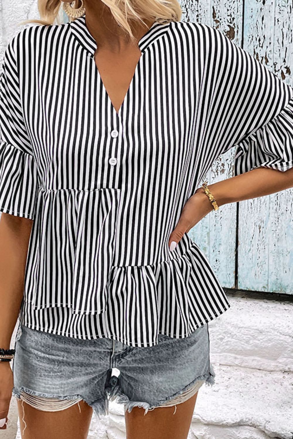 Perfee Striped Asymmetrical Flounce Sleeve Blouse – Trendsi | ClozArt