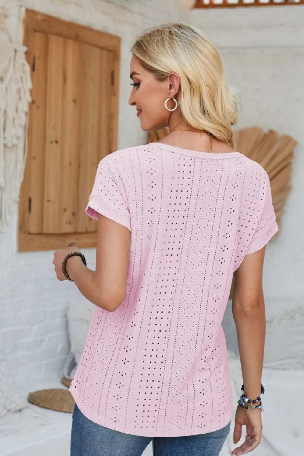 Eyelet Round Neck Rolled Short Sleeve T-Shirt – Trendsi | ClozArt