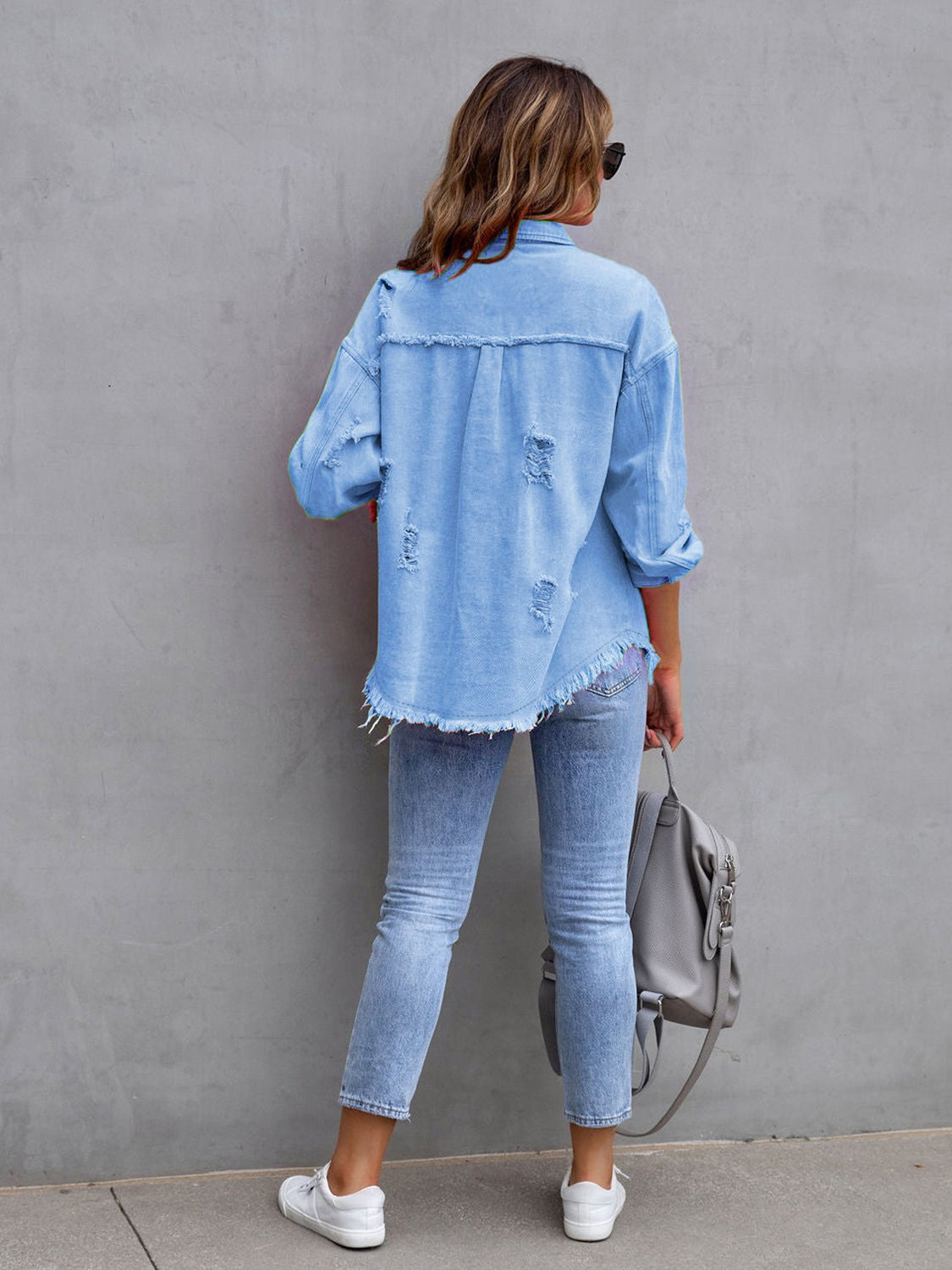 Distressed Drop Shoulder Denim Jacket – Trendsi | ClozArt