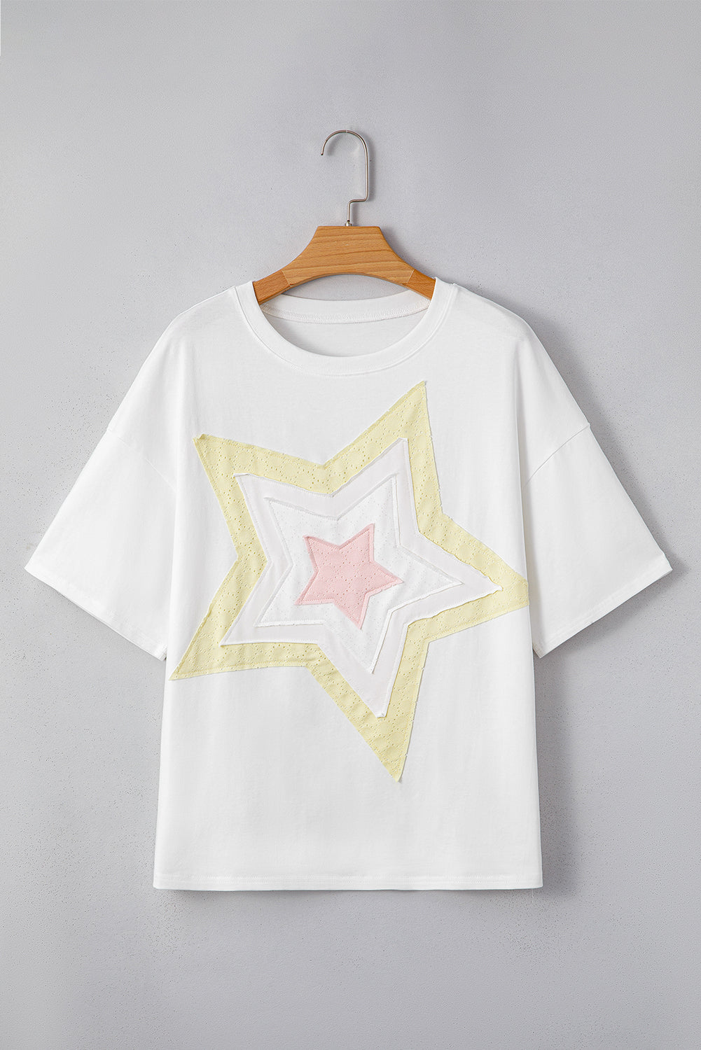 White Star Patched Drop Shoulder Half Sleeve Loose Tee – Shewin | ClozArt