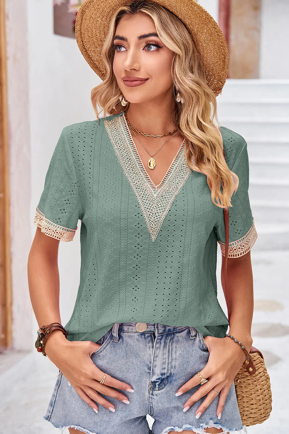 Eyelet V-Neck Short Sleeve T-Shirt – Trendsi | ClozArt