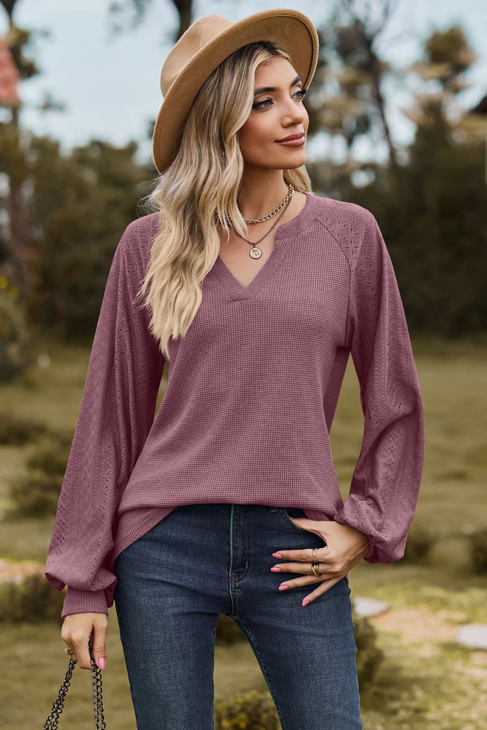 Notched Neck Raglan Sleeve Blouse – Trendsi | ClozArt