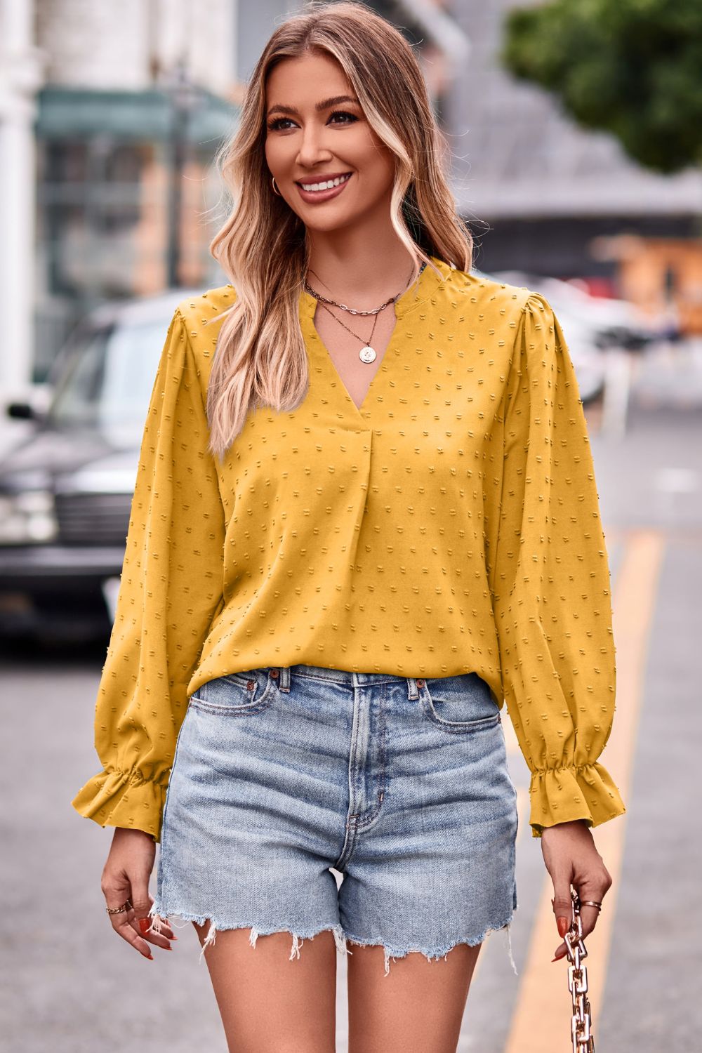 Swiss Dot Notched Neck Flounce Sleeve Blouse – Trendsi | ClozArt