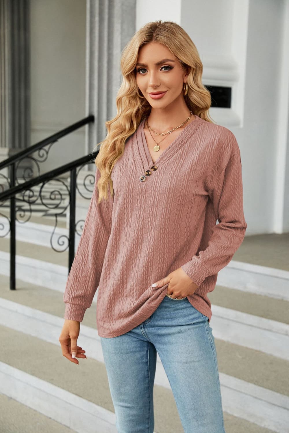 Decorative Button V-Neck Long Sleeve T-Shirt – Trendsi | ClozArt