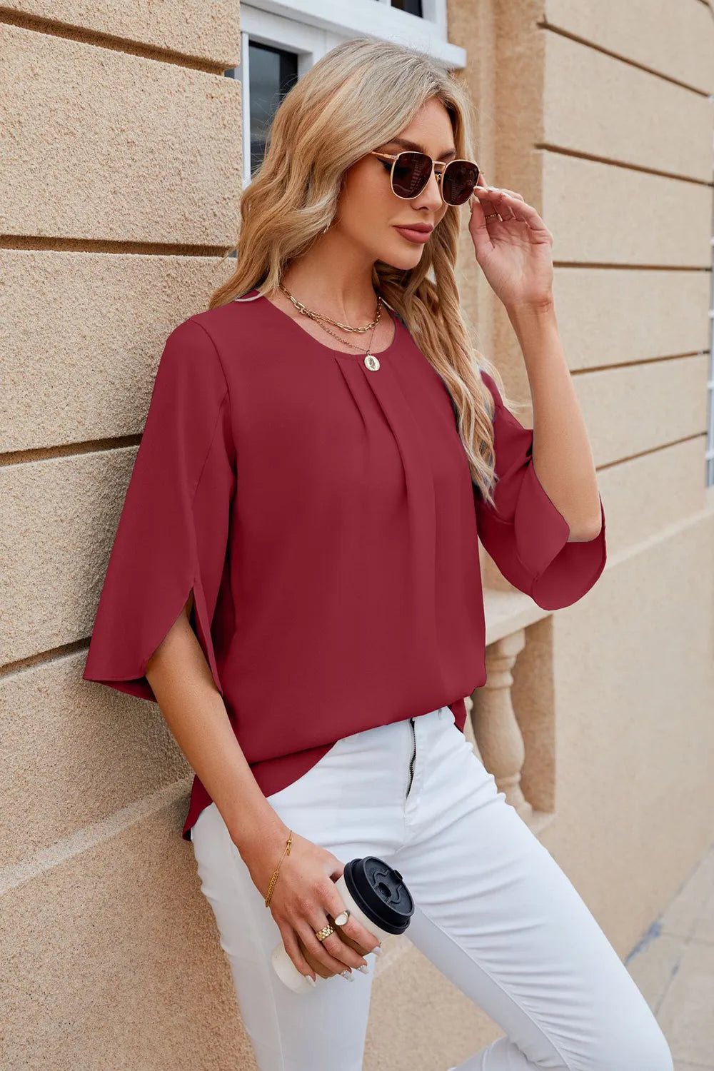 Round Neck Slit Half Sleeve Top – Trendsi | ClozArt