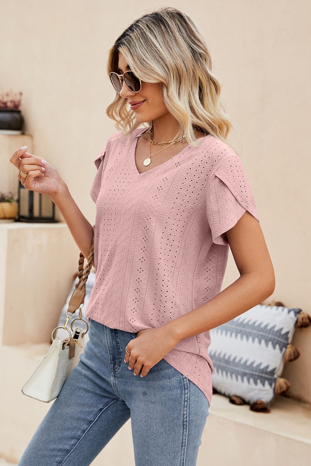 Eyelet Petal Sleeve V-Neck Knit Top – Trendsi | ClozArt