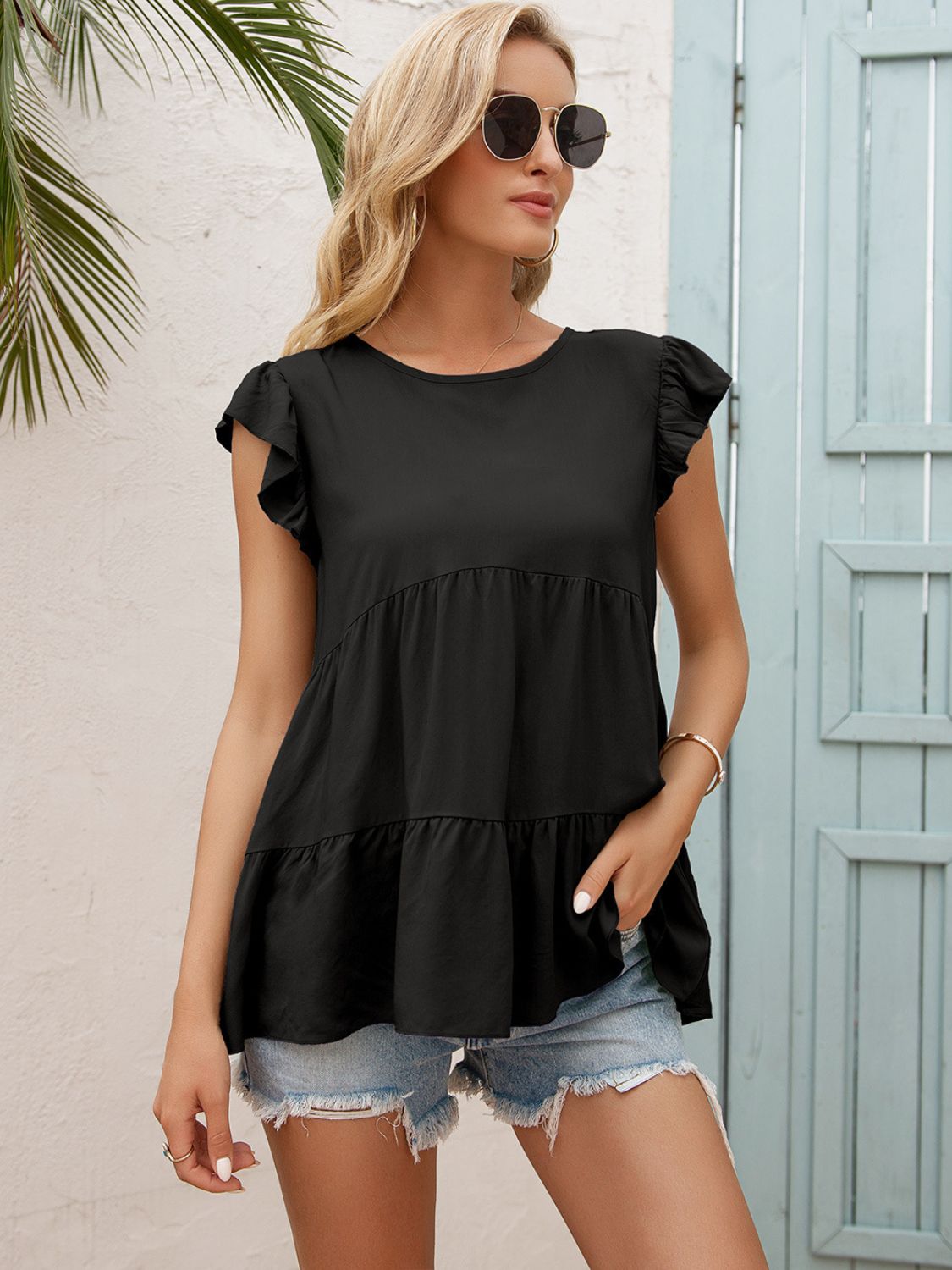 Ivy Lane Round Neck Flutter Sleeve Tiered Blouse – Trendsi | ClozArt
