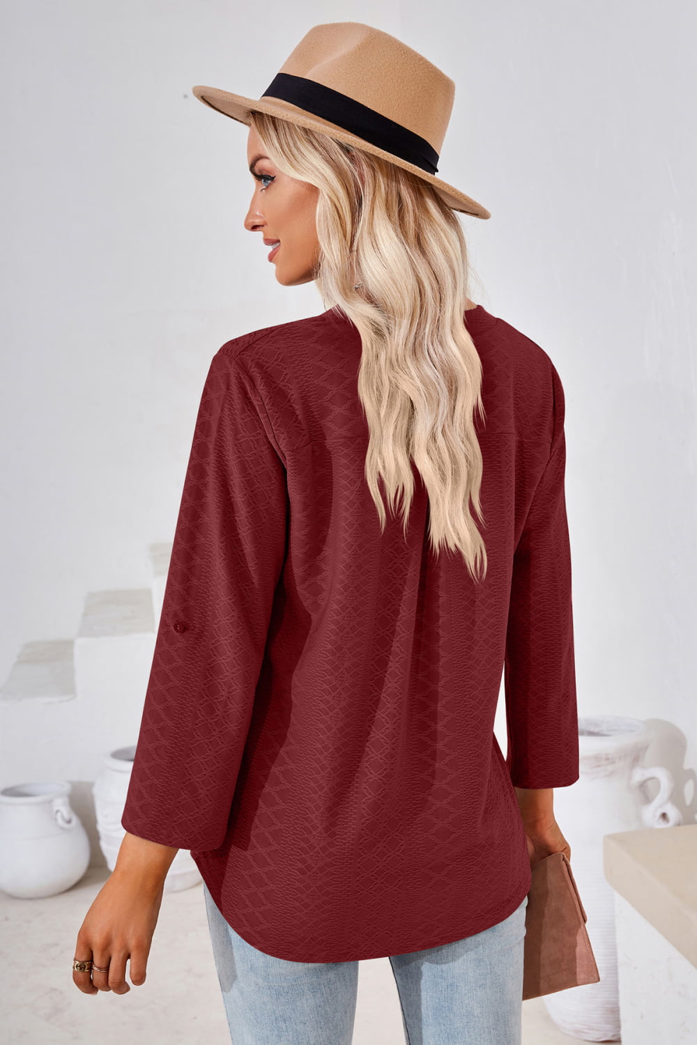 V-Neck Roll-Tap Sleeve Blouse – Trendsi | ClozArt