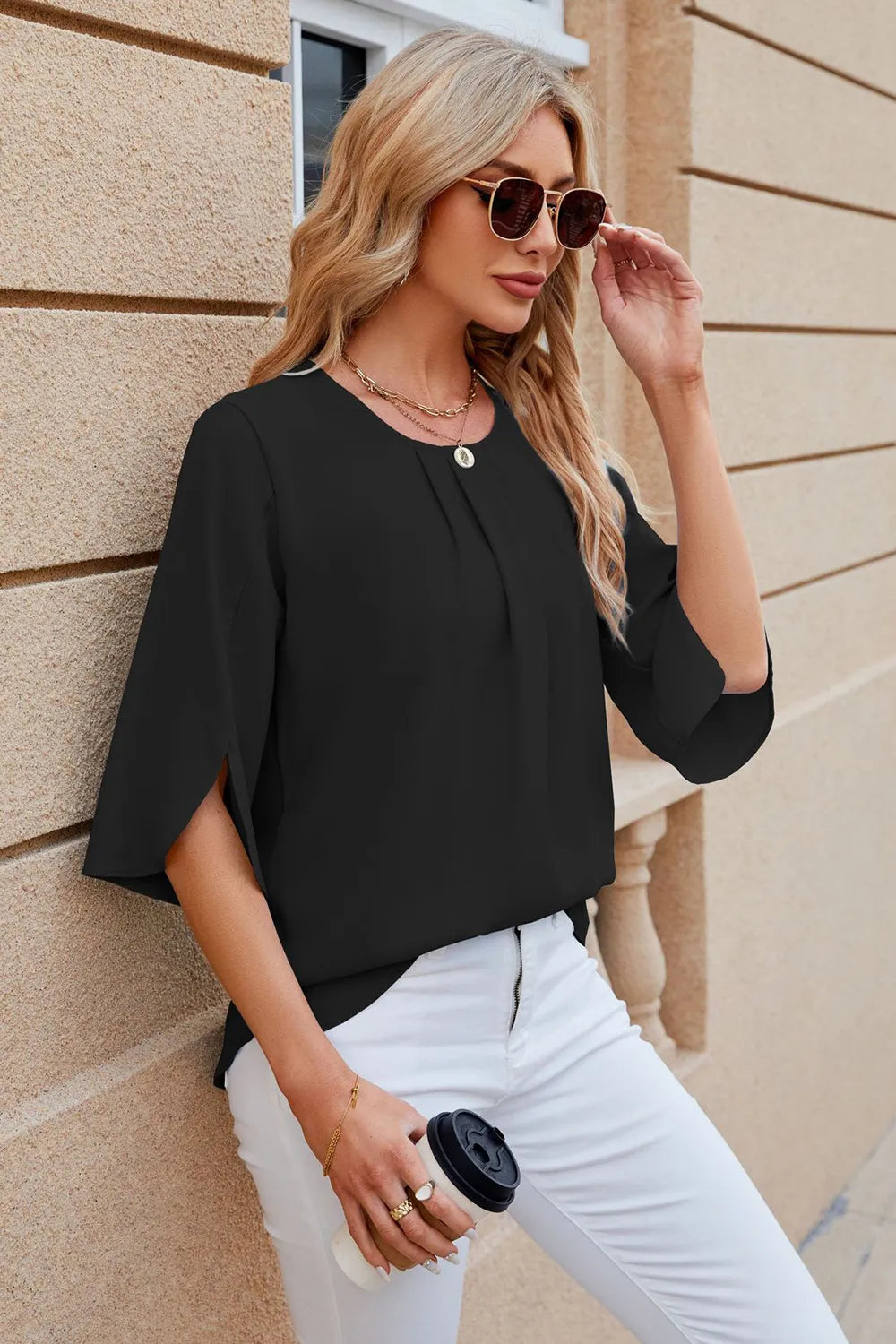 Round Neck Slit Half Sleeve Top – Trendsi | ClozArt