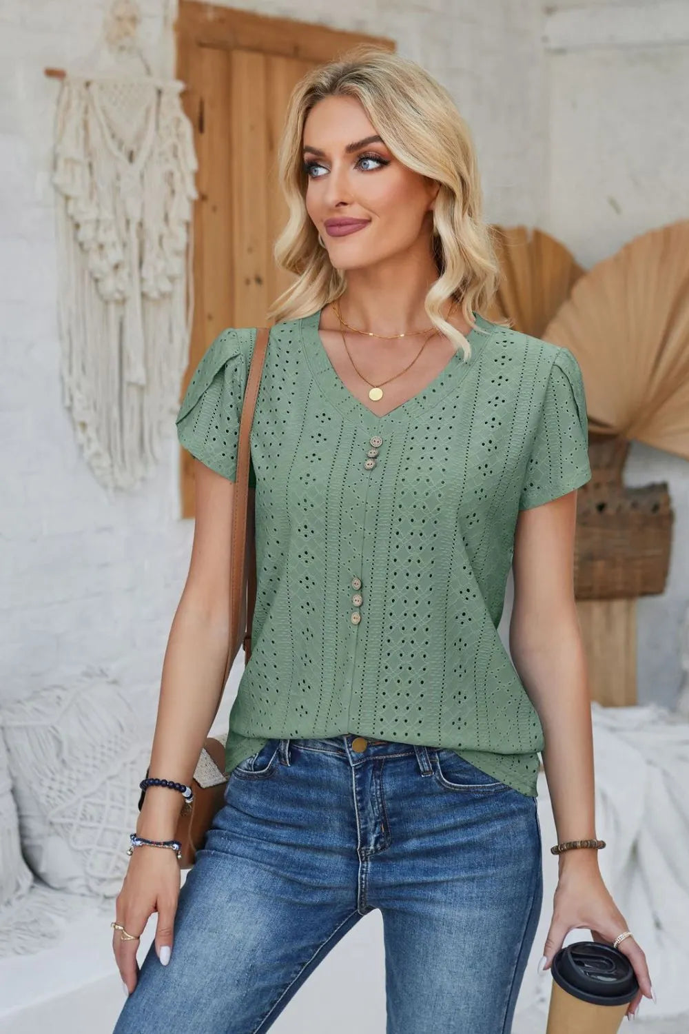 Decorative Button Eyelet V-Neck Short Sleeve T-Shirt – Trendsi | ClozArt