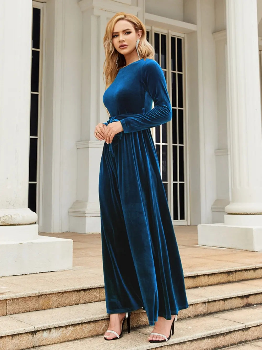Tie Front Round Neck Long Sleeve Maxi Dress – Trendsi | ClozArt