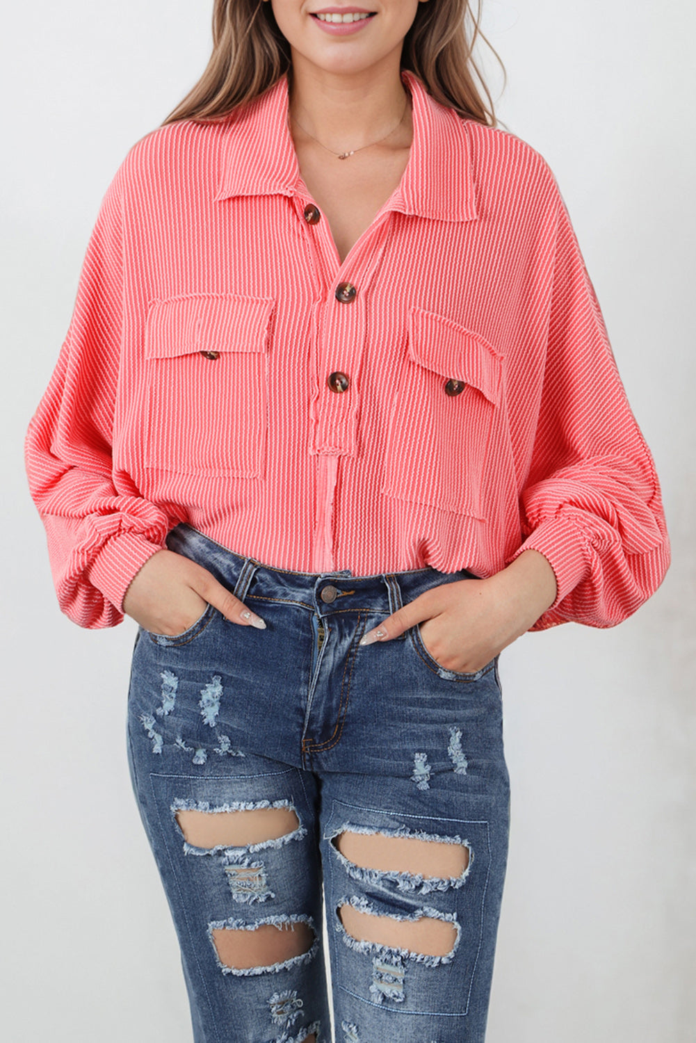 Buttoned Collared Neck Long Sleeve Top – Trendsi | ClozArt