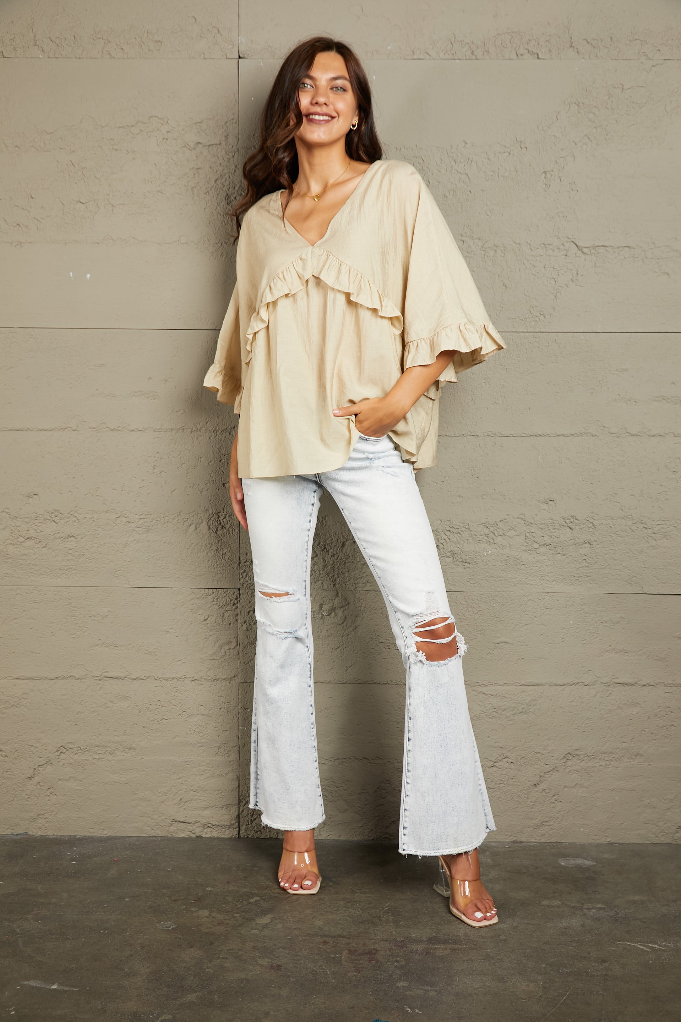 Ruffled V-Neck Half Sleeve Blouse – Trendsi | ClozArt