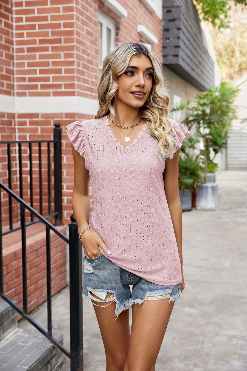 Eyelet Flutter Sleeve Scalloped V-Neck Top – Trendsi | ClozArt