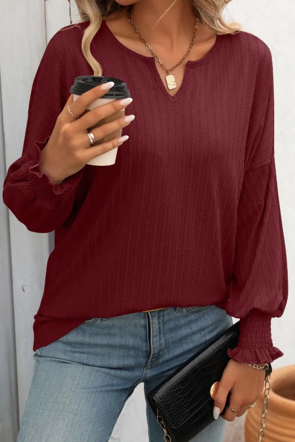 Mandy Textured Notched Lantern Sleeve T-Shirt – Trendsi | ClozArt