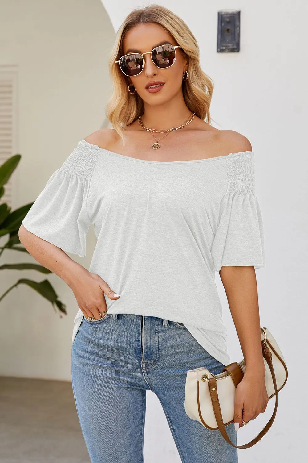 Smocked Round Neck Flutter Sleeve T-Shirt – Trendsi | ClozArt