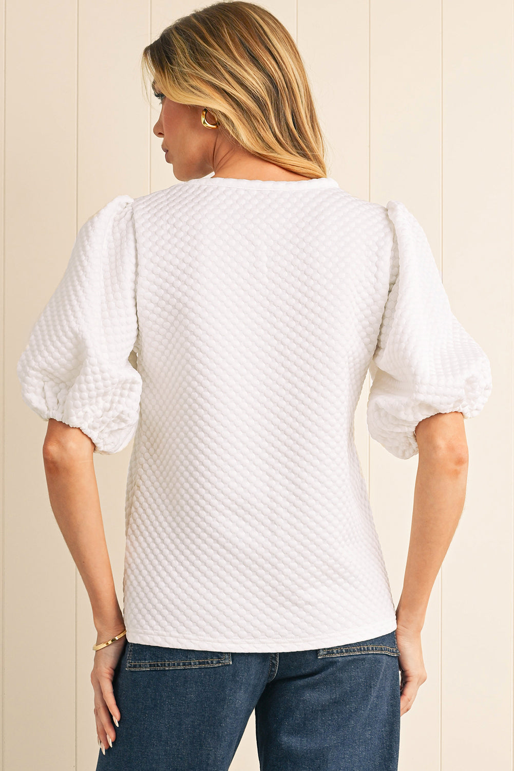 White Solid Textured O Neck Puff Sleeve Blouse – Shewin | ClozArt