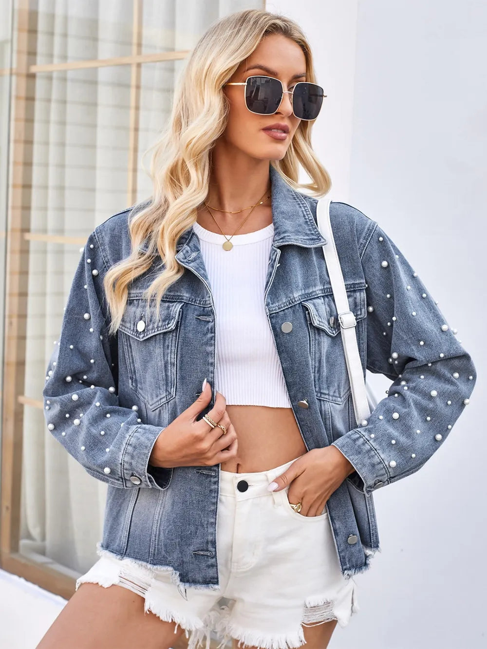 Pearl Trim Raw Hem Denim Jacket – Trendsi | ClozArt