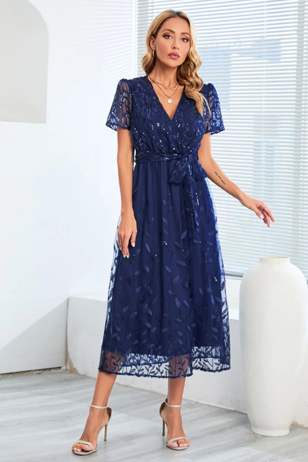 Sequin Leaf Embroidery Tie Front Short Sleeve Dress – Trendsi | ClozArt